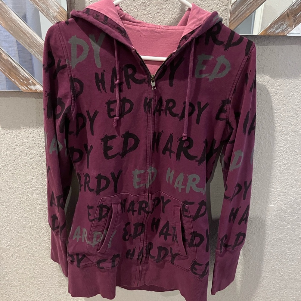Ed Hardy Maroon Hoodie with Black and Gray Print
